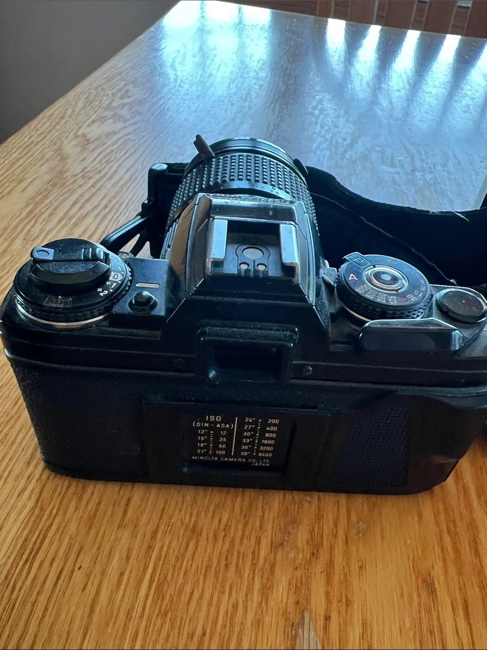 Minolta X-700 Film Camera with Black/Blue Strap, lens, adapter, auto thyristor